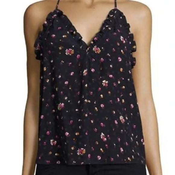 Rebecca Taylor Womens Mia Floral Silk Camisole Ruffle Trim Navy Blue 10 Romantic - Picture 1 of 10